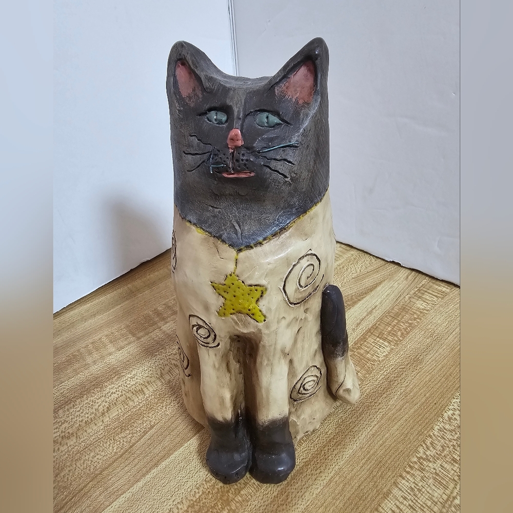 E.R.S Signed Folk Art Siamese Cat Figurine Sculpture Hand Painted 6.5" Tall Vtg